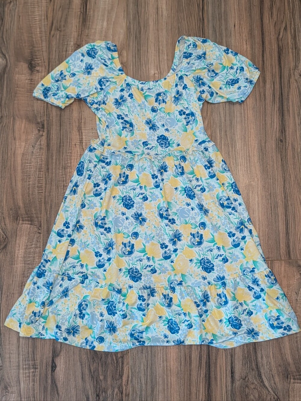 btween Blue & Yellow Floral Puff-Sleeve Dress